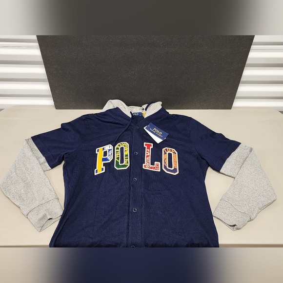 Polo Ralph Lauren Men's Navy Logo Graphic Baseball Hooded T-Shirt Size M - Picture 1 of 15